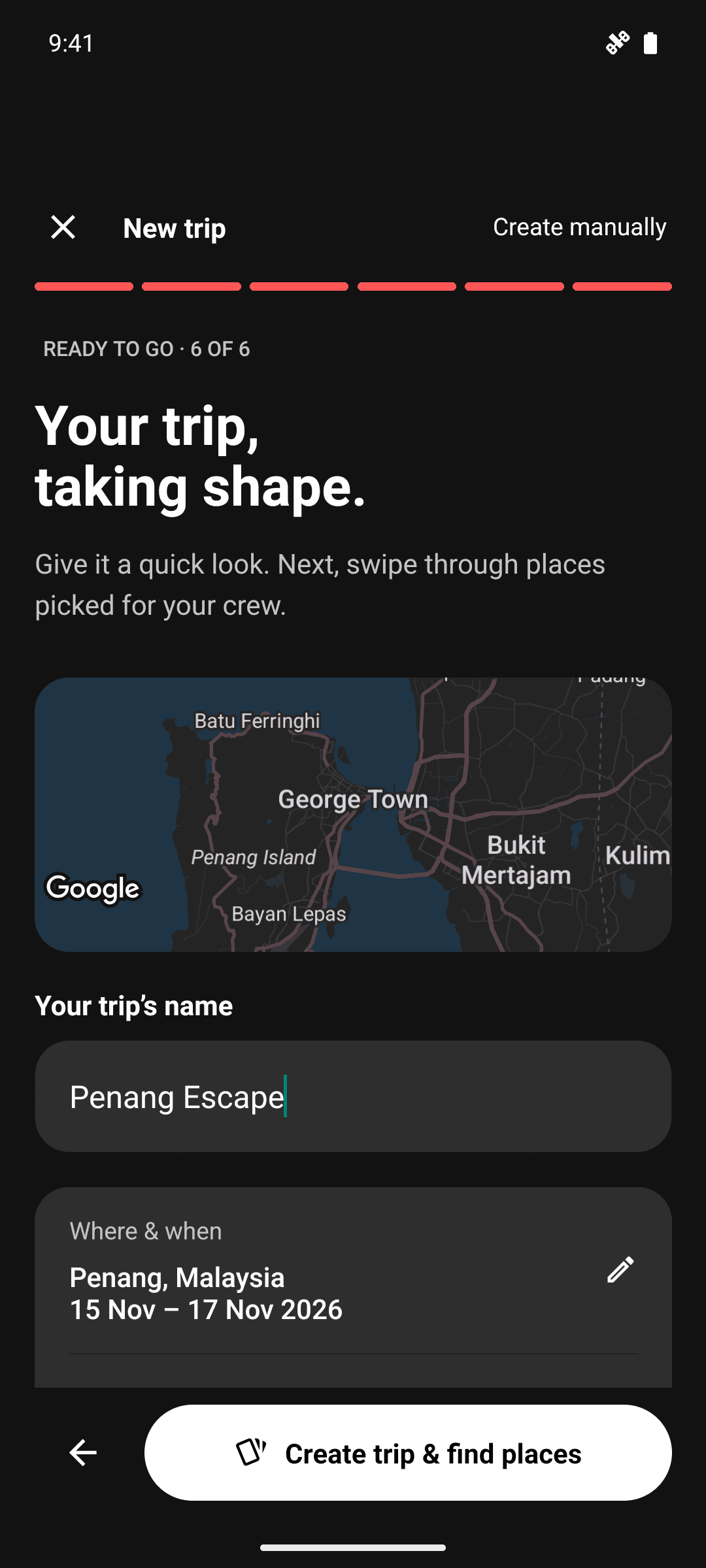 Limbo AI planner reviewing a relaxed three-day food and culture trip to Penang