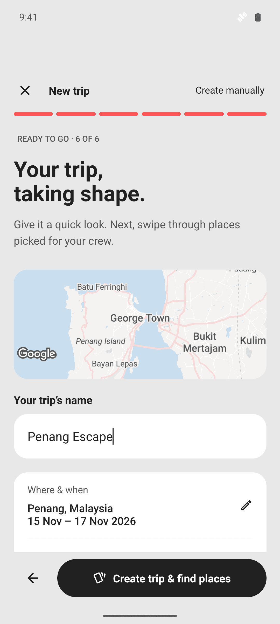 Limbo AI planner reviewing a relaxed three-day food and culture trip to Penang