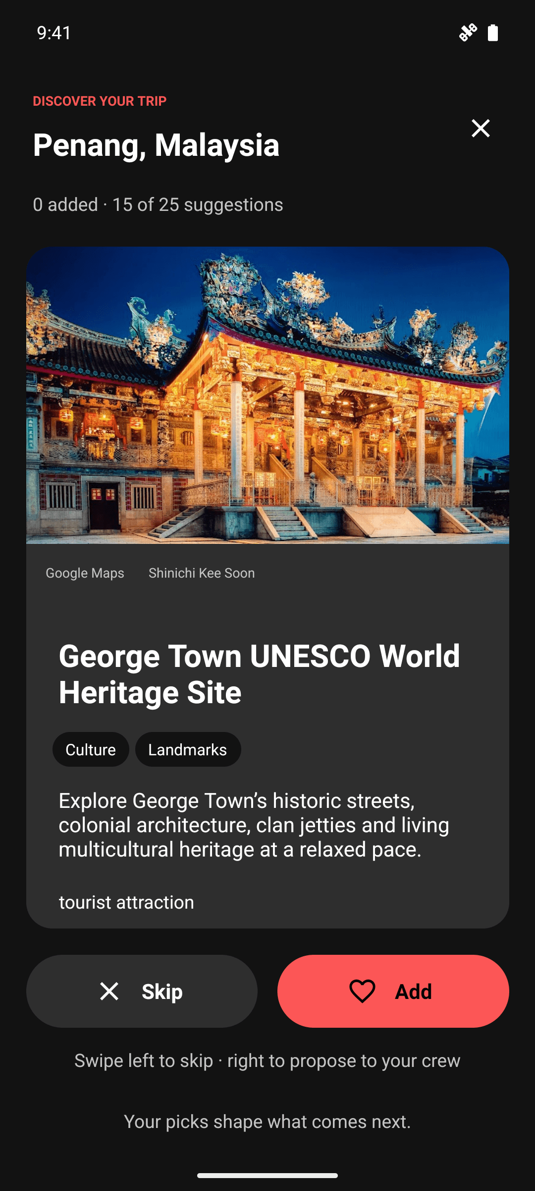 A real Penang place suggestion in Limbo’s swipe deck, with Skip and Add controls
