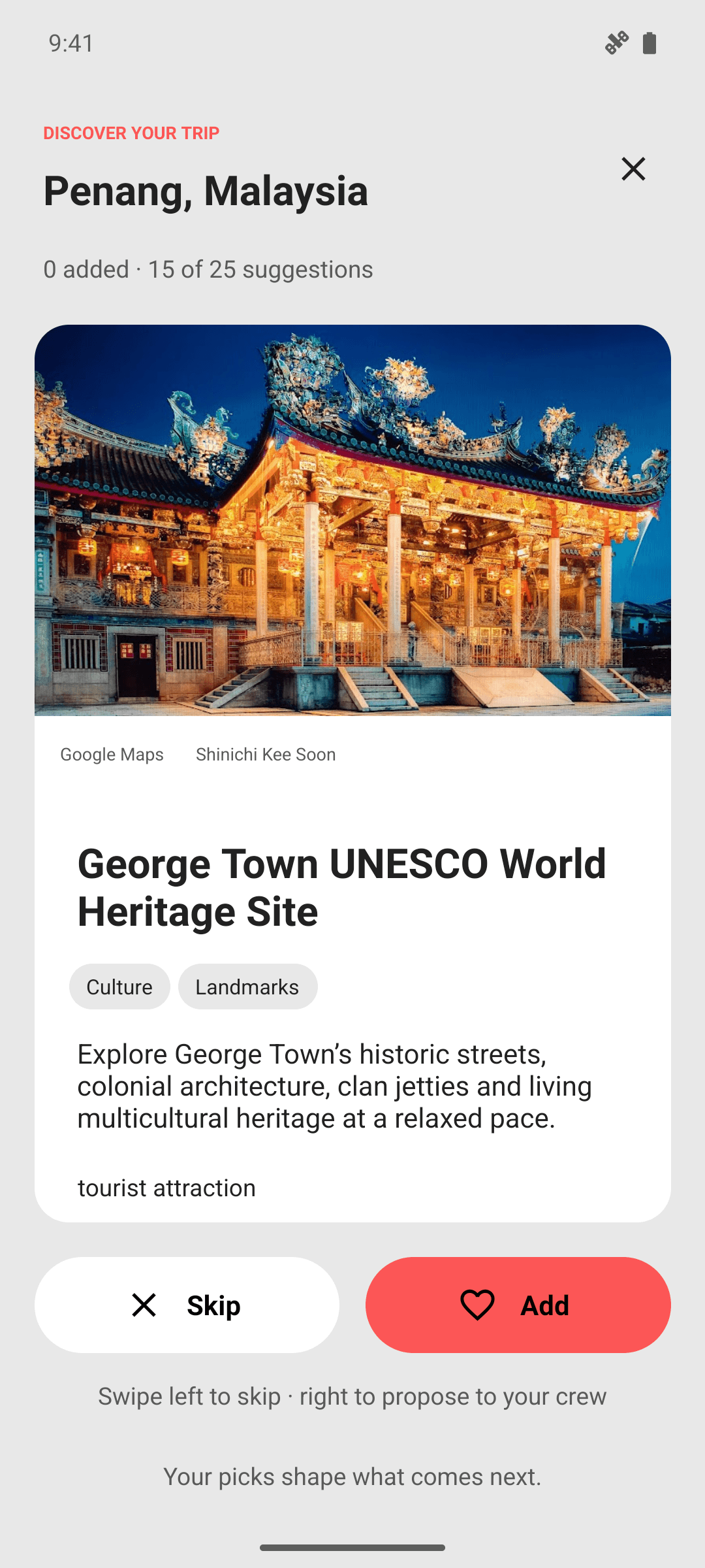 A real Penang place suggestion in Limbo’s swipe deck, with Skip and Add controls