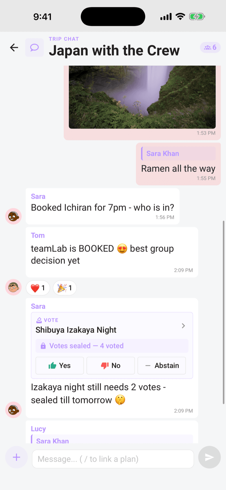 Limbo trip chat with photos, emoji reactions, and a live sealed ballot card for an izakaya night