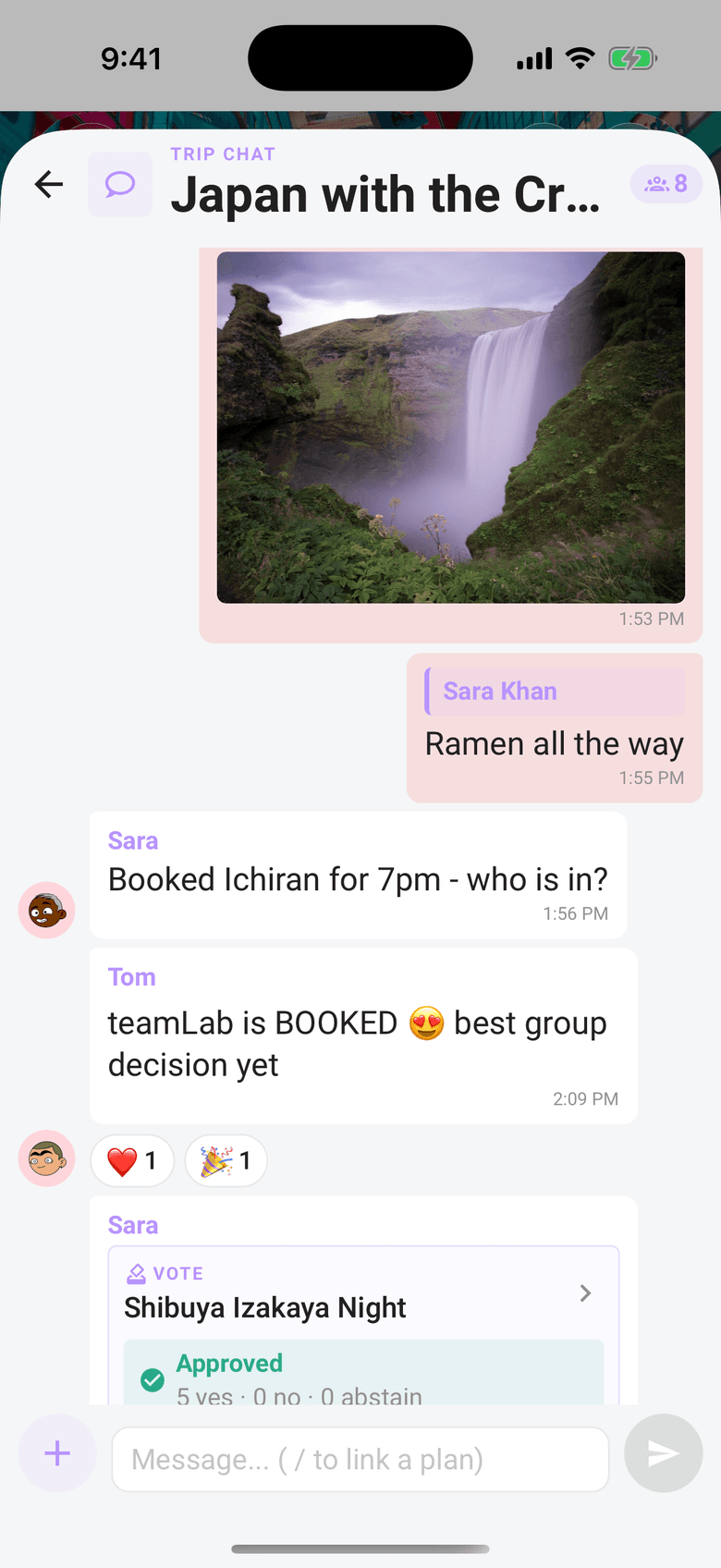 Limbo trip chat with a photo, emoji reactions, and a decided ballot card for an izakaya night — approved 5 to 0