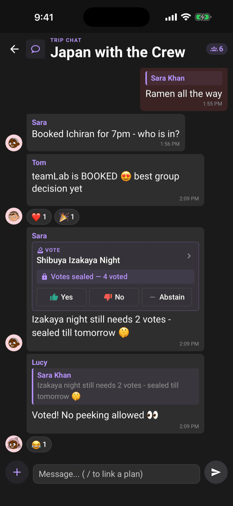 Limbo trip chat with photos, emoji reactions, and a live sealed ballot card for an izakaya night