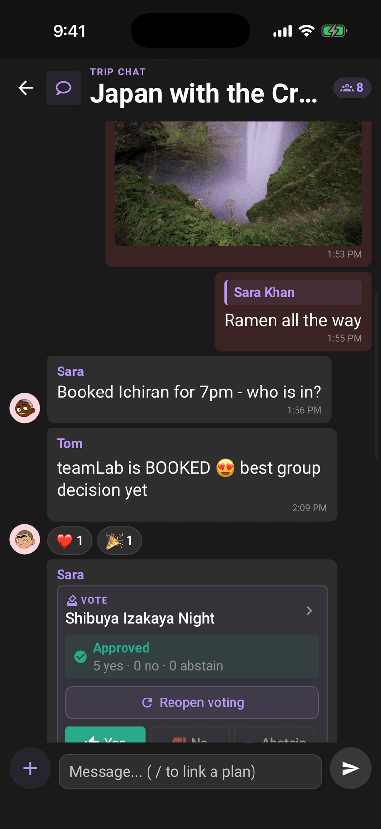Limbo trip chat with a photo, emoji reactions, and a decided ballot card for an izakaya night, approved 5 to 0