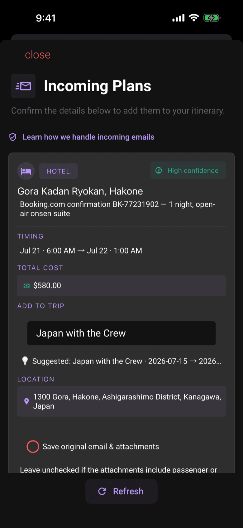 Limbo Incoming Plans screen with a Booking.com hotel confirmation parsed at high confidence, ready to confirm