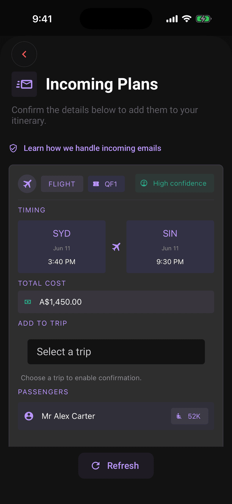 Limbo Incoming Plans screen with a Qantas QF1 Sydney to Singapore flight parsed at high confidence, awaiting a trip to confirm into