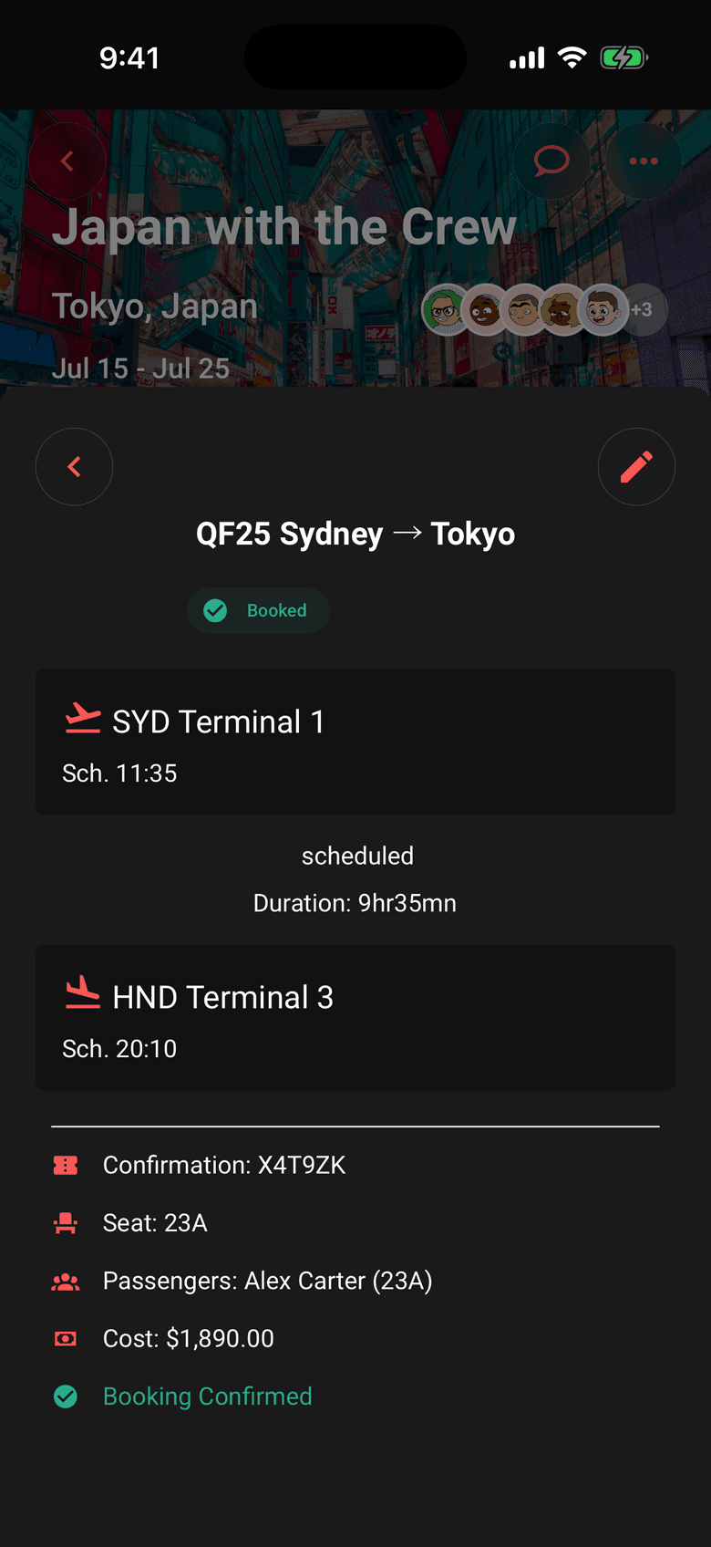 Limbo flight details for QF25 Sydney to Tokyo with terminals, seat, and booking confirmation