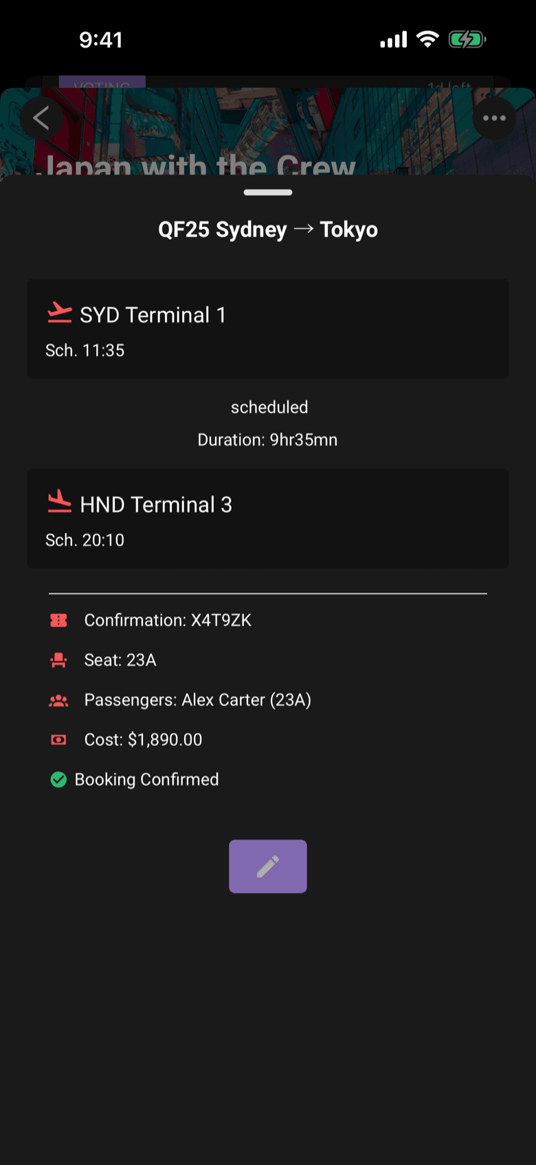 Limbo flight details for QF25 Sydney to Tokyo with terminals, seat, and booking confirmation