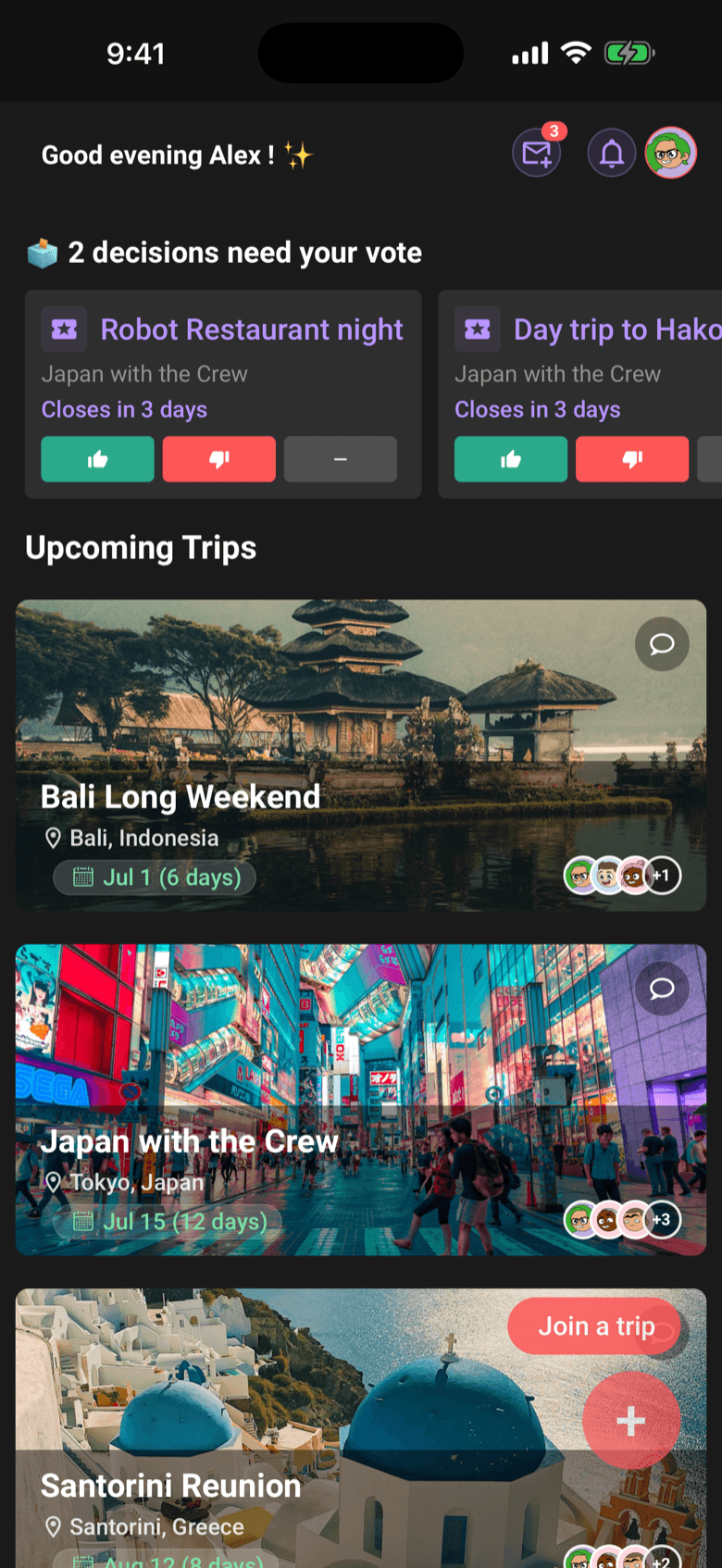 Limbo home screen with two decisions needing your vote and photo cards for upcoming trips to Bali, Japan, and Santorini