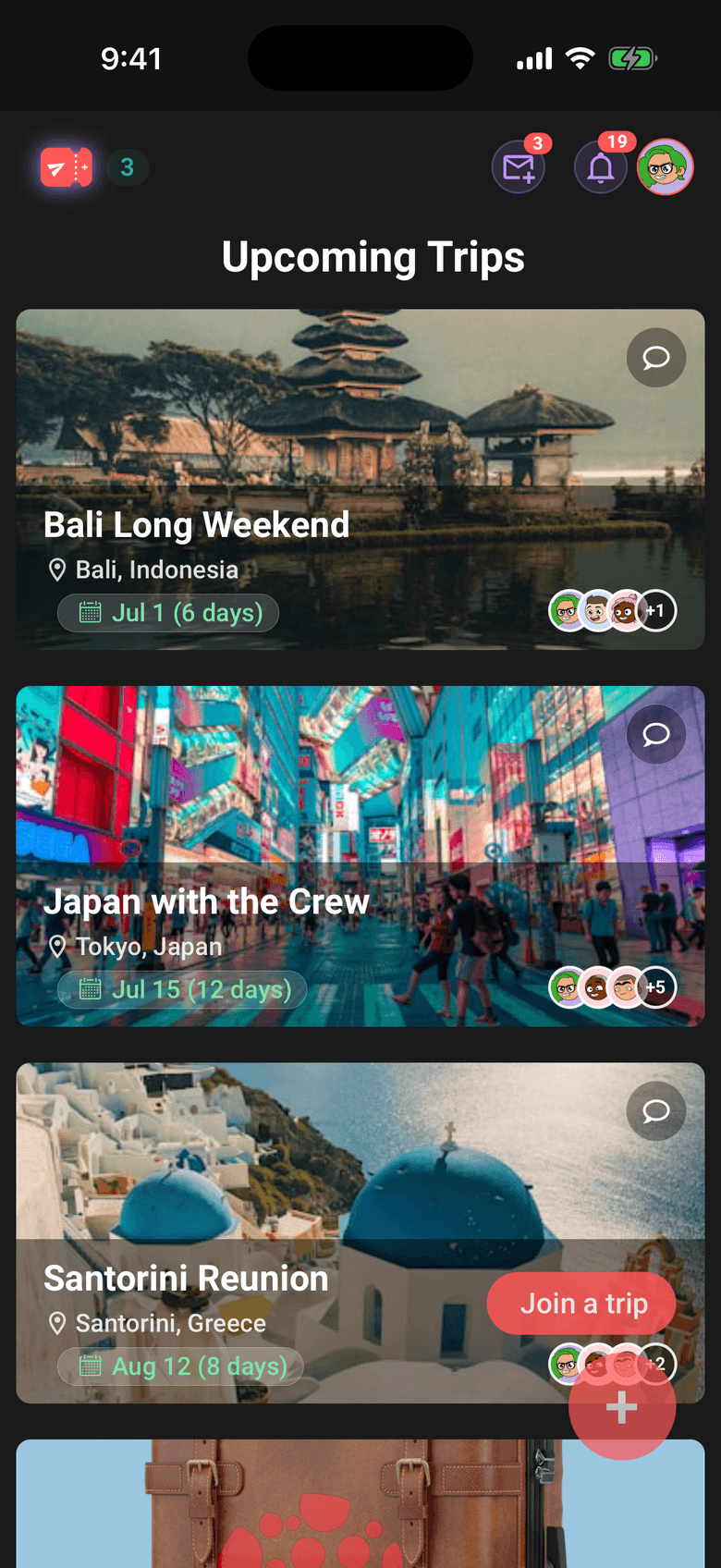 Limbo home screen with photo cards for upcoming trips to Bali, Japan, and Santorini