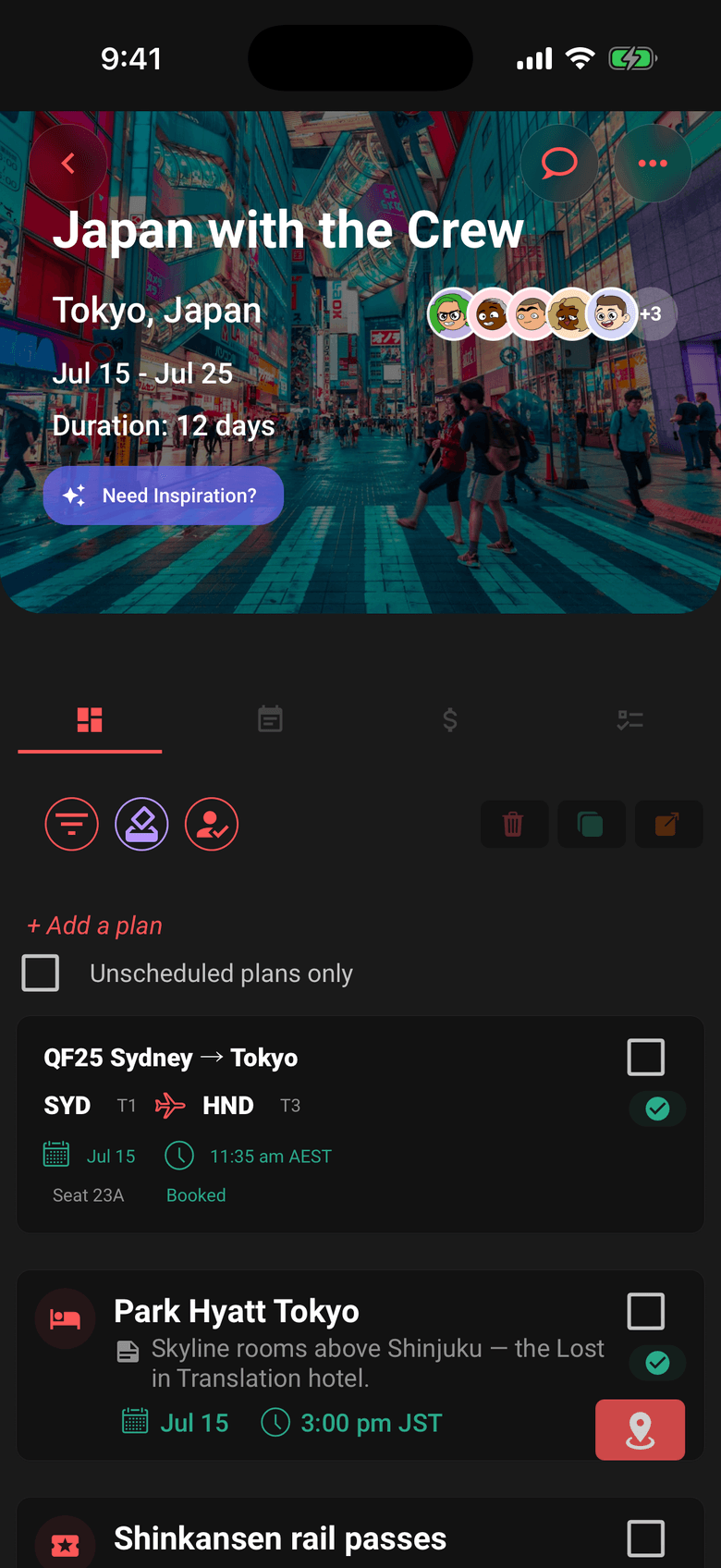 Limbo trip screen for Japan with a photo header and a timeline holding a Sydney to Tokyo flight, the Park Hyatt Tokyo, and Shinkansen rail passes