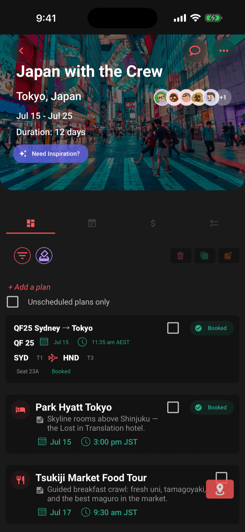 Limbo trip screen for Japan with a photo header and a timeline holding a Sydney to Tokyo flight, the Park Hyatt Tokyo, and a Tsukiji food tour