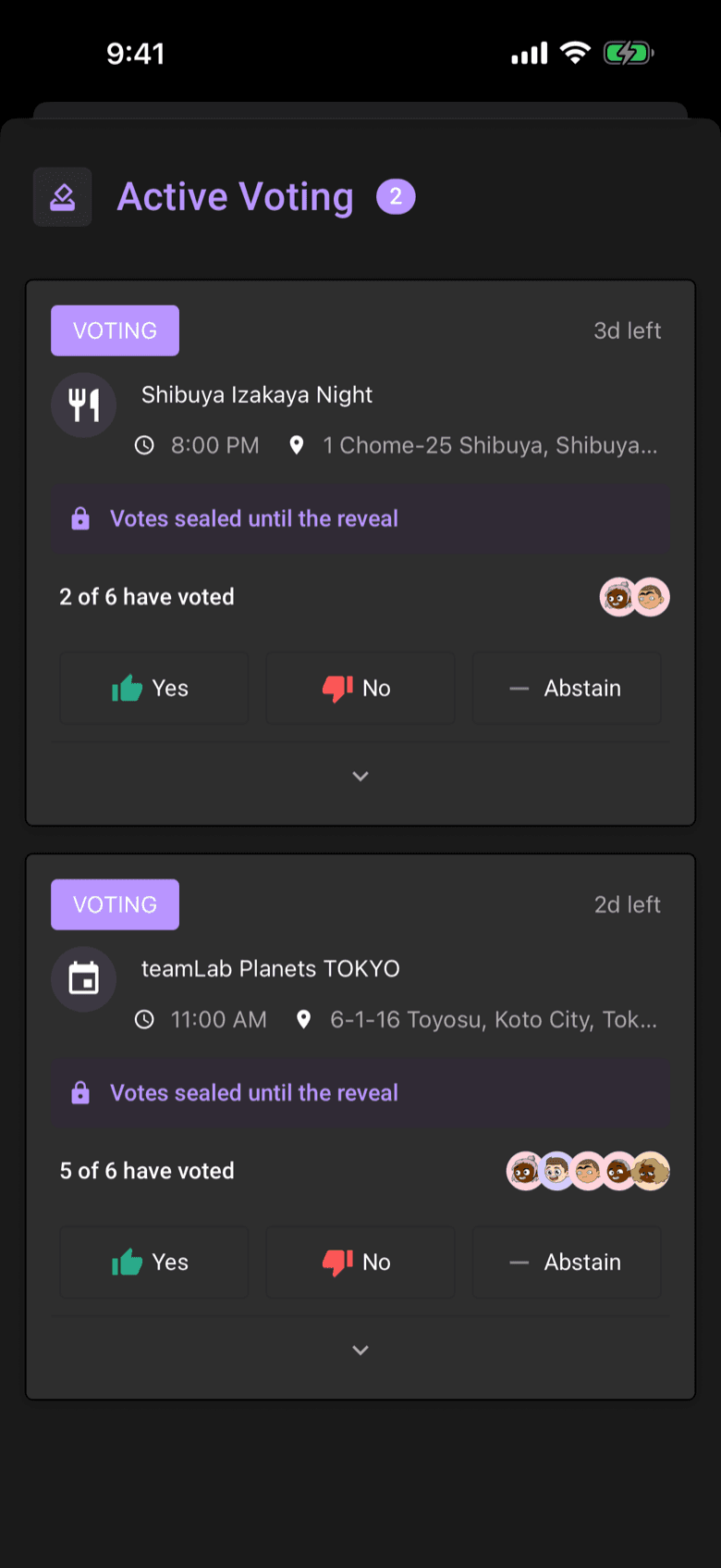 Limbo active voting screen with two sealed ballots, Yes, No, and Abstain buttons, and 2 of 6 votes in