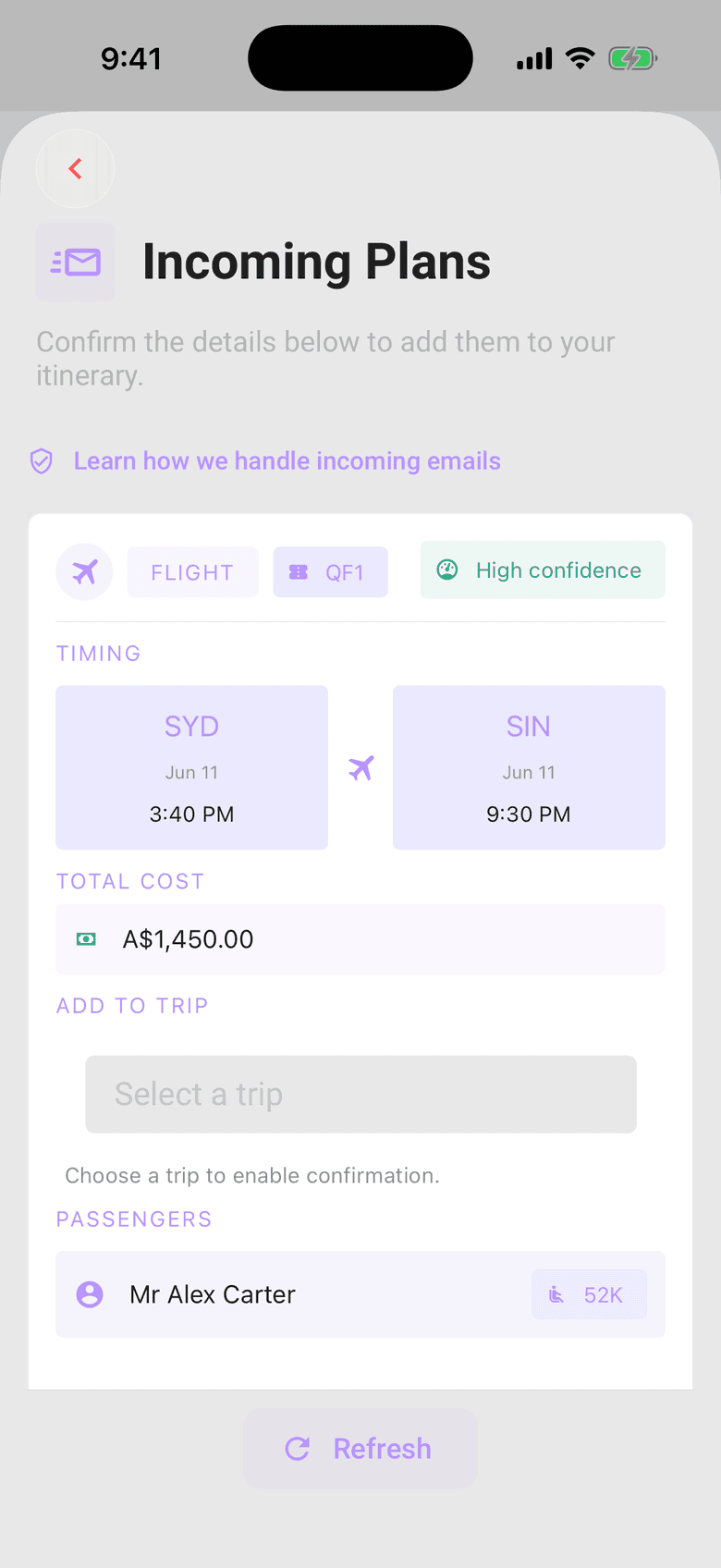 Limbo Incoming Plans screen with a Qantas QF1 Sydney to Singapore flight parsed at high confidence, awaiting a trip to confirm into