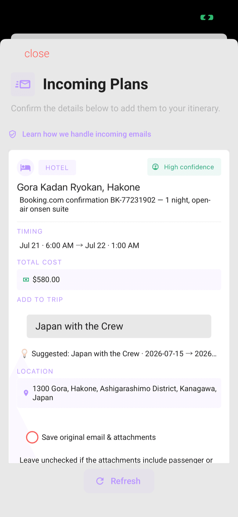Limbo Incoming Plans screen with a Booking.com hotel confirmation parsed at high confidence, ready to confirm
