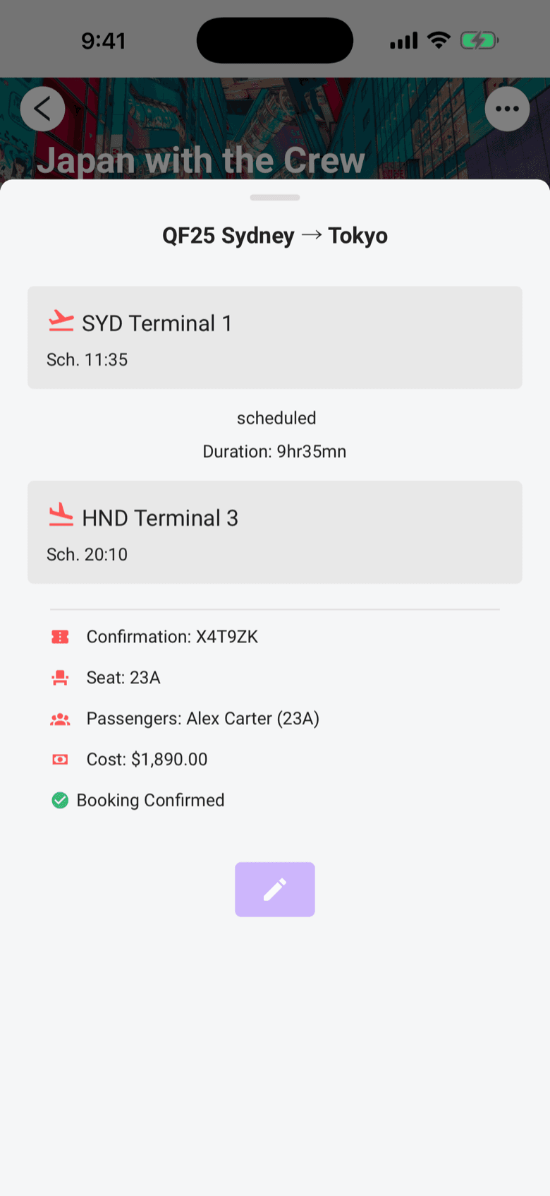 Limbo flight details for QF25 Sydney to Tokyo with terminals, seat, and booking confirmation
