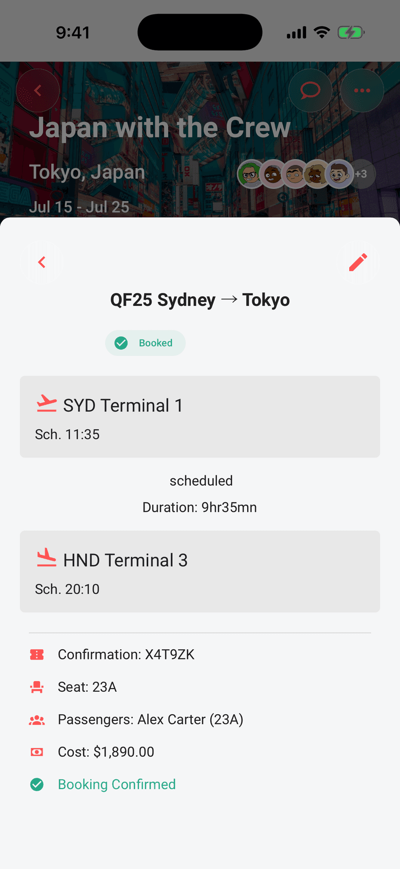 Limbo flight details for QF25 Sydney to Tokyo with terminals, seat, and booking confirmation