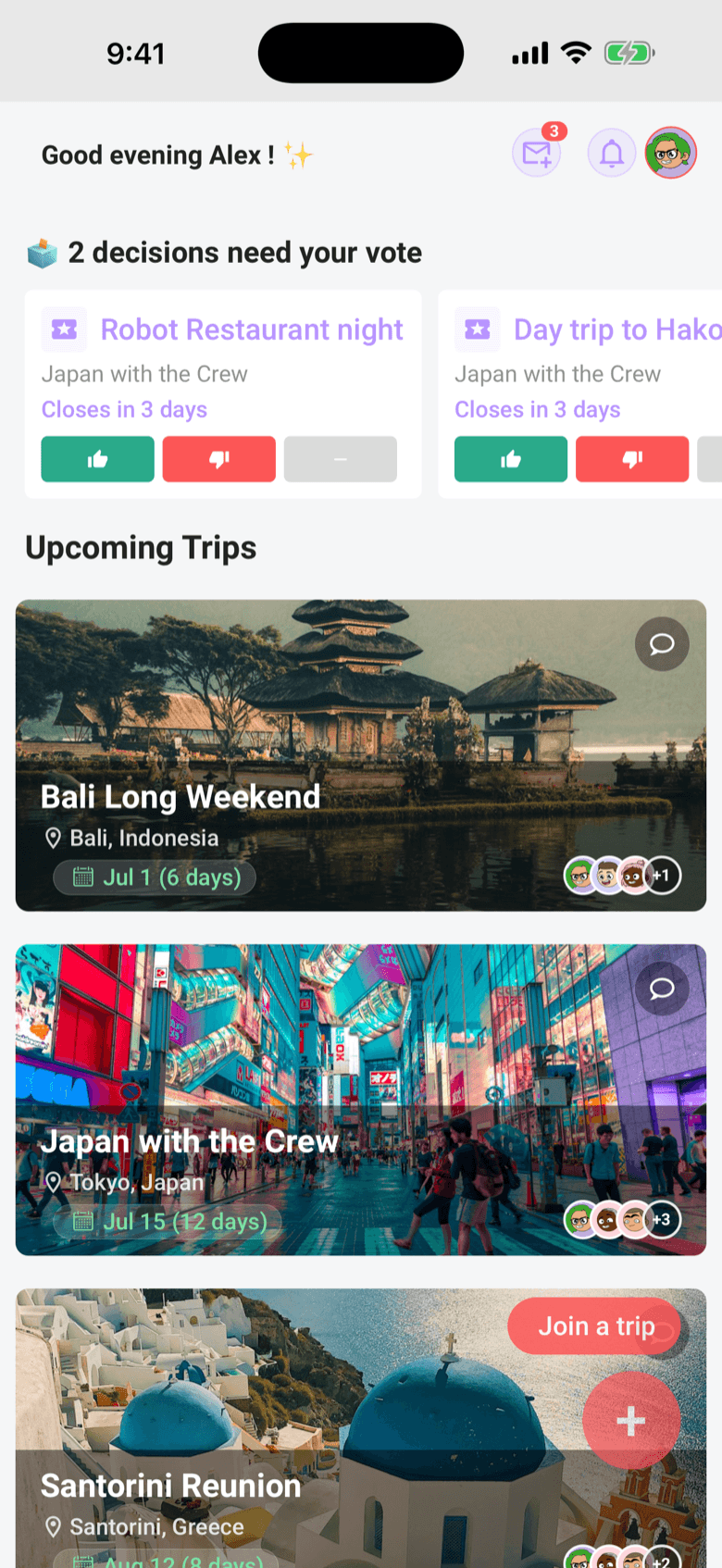 Limbo home screen with two decisions needing your vote and photo cards for upcoming trips to Bali, Japan, and Santorini