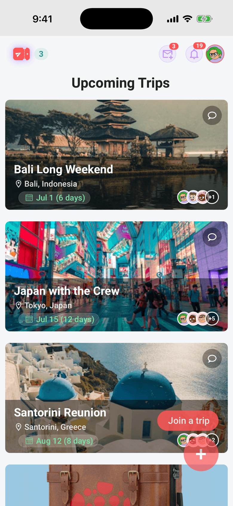 Limbo home screen with photo cards for upcoming trips to Bali, Japan, and Santorini