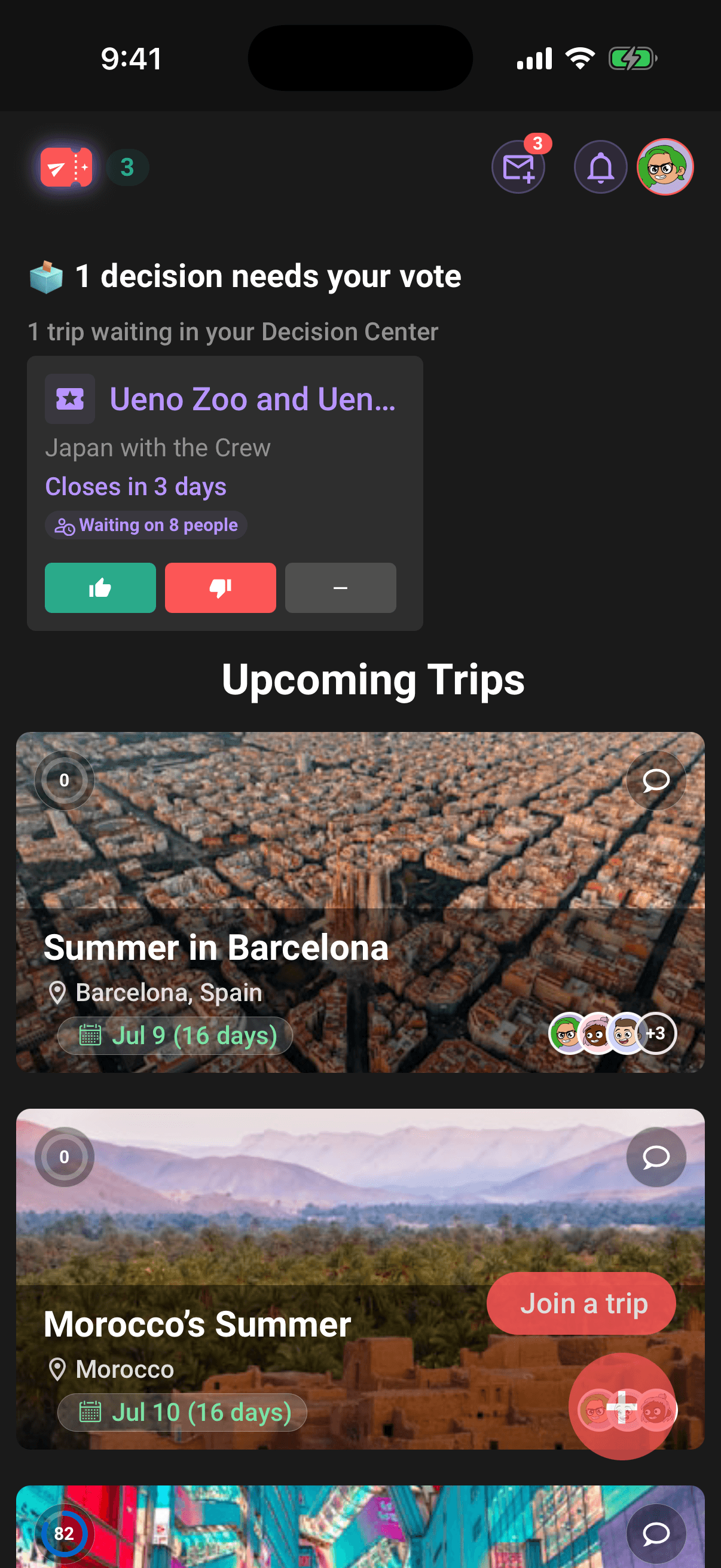 Limbo Home screen with one decision ready to vote on and upcoming trips to Barcelona and Morocco