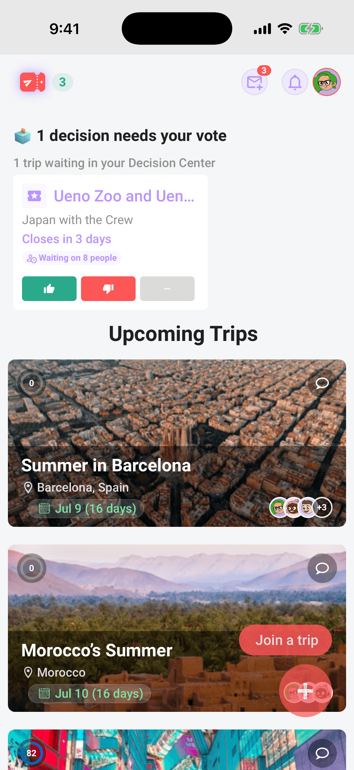Limbo Home screen with one decision ready to vote on and upcoming trips to Barcelona and Morocco