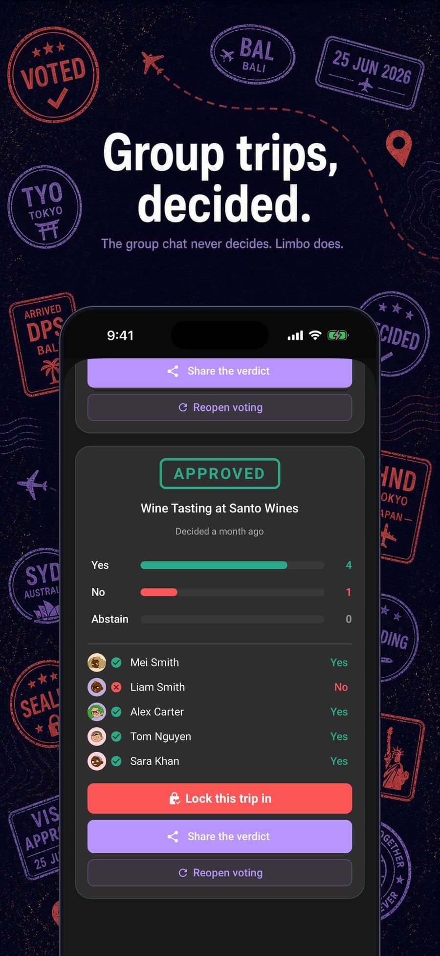 Limbo intro artwork showing an approved ballot reveal for a wine tasting, with the final tally and each crew member's vote