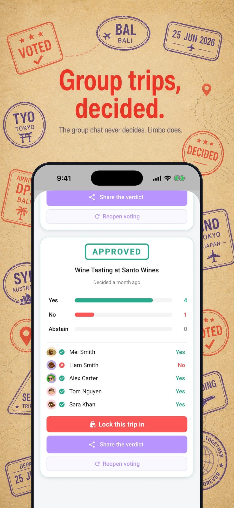 Limbo intro artwork showing an approved ballot reveal for a wine tasting, with the final tally and each crew member's vote