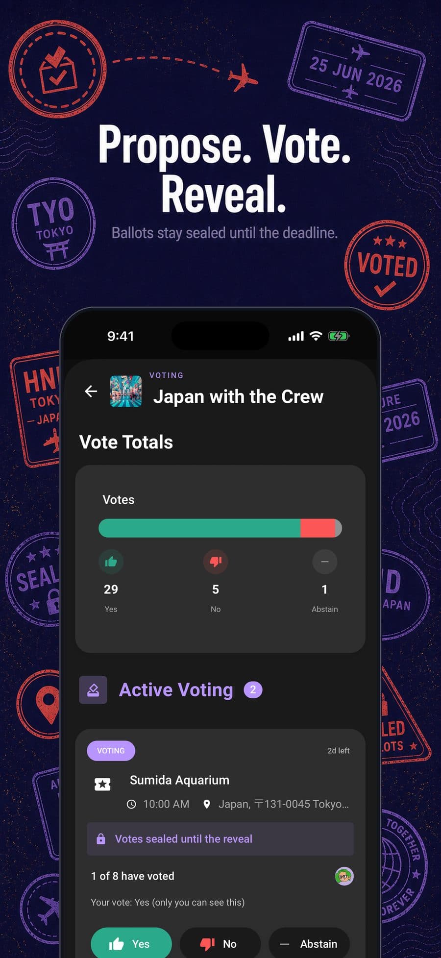 Limbo intro artwork showing a sealed ballot for Sumida Aquarium with Yes, No, and Abstain voting controls
