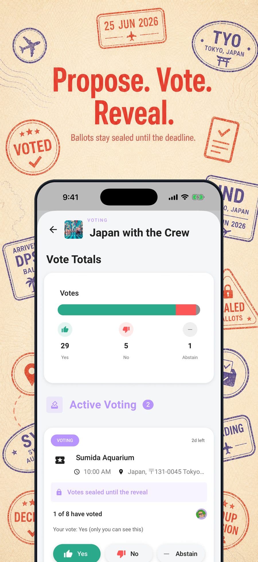 Limbo intro artwork showing a sealed ballot for Sumida Aquarium with Yes, No, and Abstain voting controls