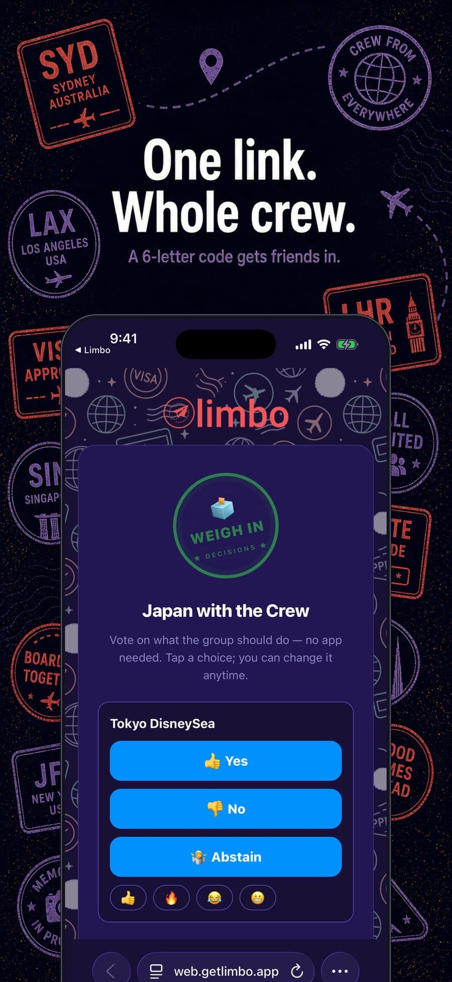 Limbo intro artwork showing a no-install web ballot for Japan with Yes, No, and Abstain choices