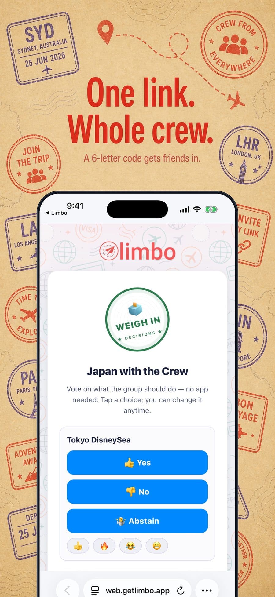 Limbo intro artwork showing a no-install web ballot for Japan with Yes, No, and Abstain choices