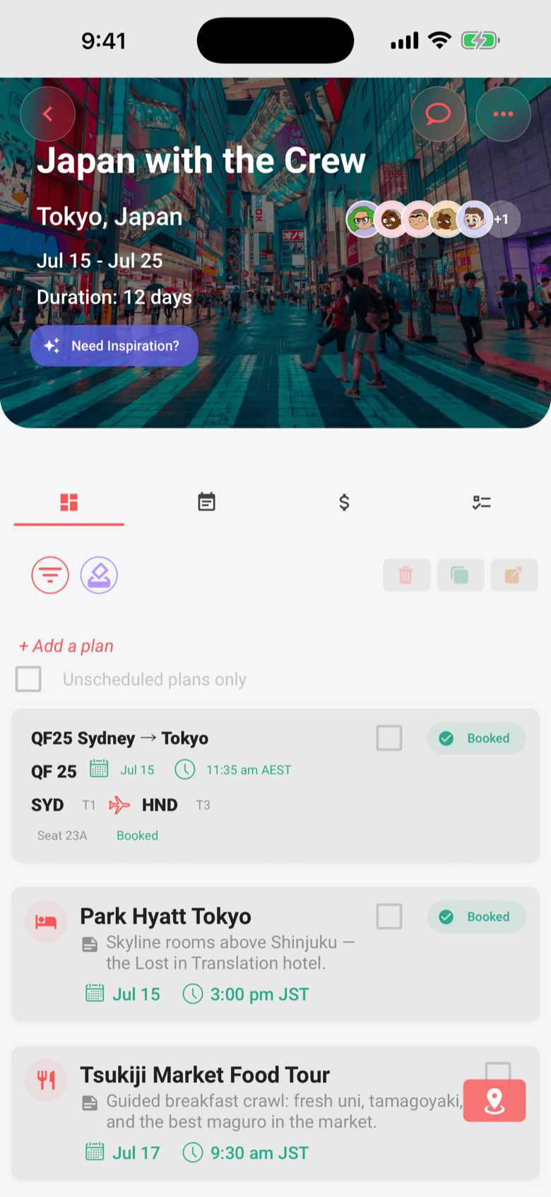 Limbo trip screen for Japan with a photo header and a timeline holding a Sydney to Tokyo flight, the Park Hyatt Tokyo, and a Tsukiji food tour