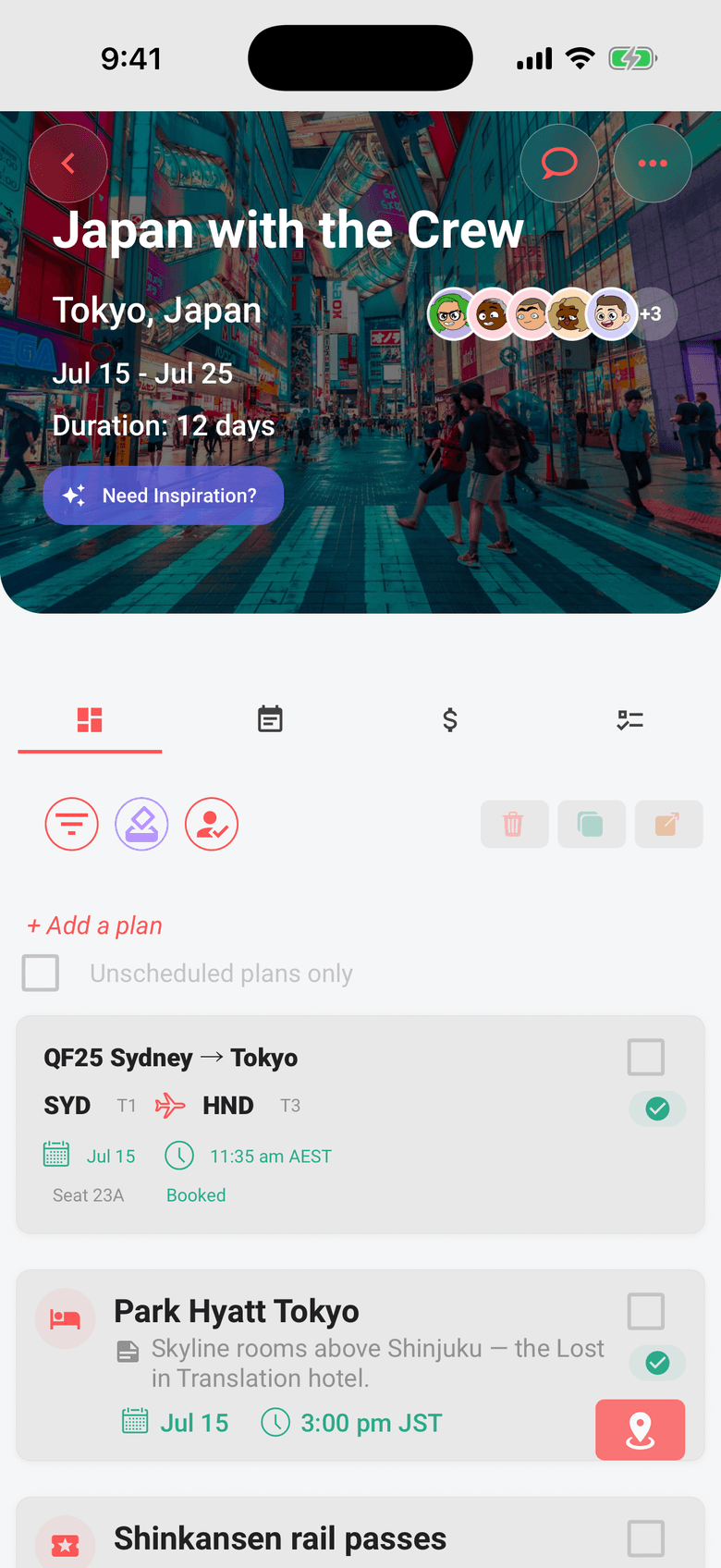 Limbo trip screen for Japan with a photo header and a timeline holding a Sydney to Tokyo flight, the Park Hyatt Tokyo, and Shinkansen rail passes